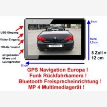 Alles in einem! Multifunktionsger�t: 5“ GPS Navi Touchscreen, Funk-R�ckfahrkamera eingebaut in Kennzeichenhalterung, Handy Freisprecheinrichtung, MP4 Player u.v.m!