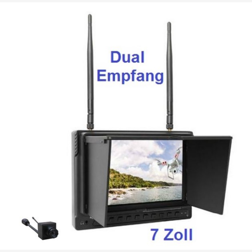 FPV Komplettset: Eagle2 5,8 GHz Funkkamera mit 7 Zoll HD Flight FPV Monitor 32 Kanal mit Recordfunktion und Akku integriert!