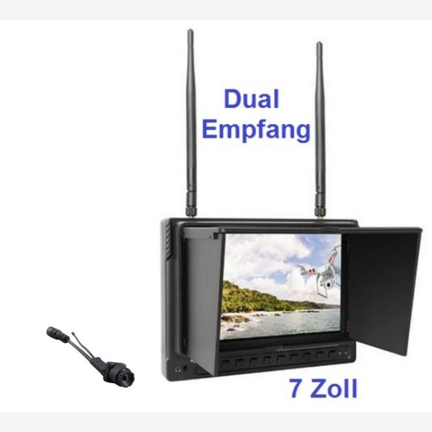 FPV Komplettset: Eagle1 5,8 GHz Funkkamera mit 7 Zoll HD Flight FPV Monitor 32 Kanal mit Recordfunktion und Akku integriert!